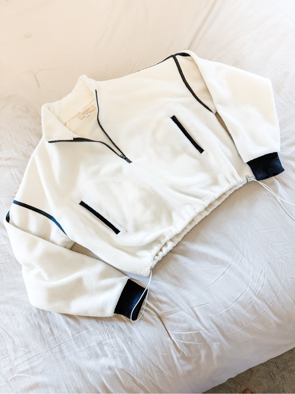 Cropped White Fleece Pullover with Black Trim, Size Small